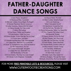 an advertisement for father daughter dance songs, with the names and numbers in purple on it