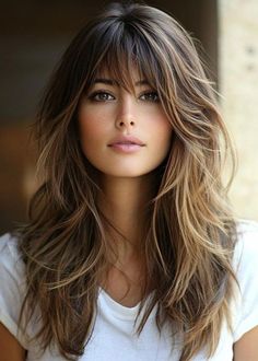 Across Bangs Long Hair, Long Hair With Layers And Bangs Fringes, Retro Wavy Hair, Long Layers Fine Hair Medium Length, Layers And Bangs Medium Hair, Long Hairstyles With Long Layers, Fringe Layers Medium Hair, Wispy Side Bangs Straight Hair, Long Hairstyles With Wispy Bangs