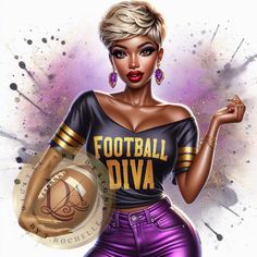 a digital painting of a woman in purple pants and a football jersey with the words football diva written on it