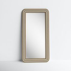 a mirror sitting on top of a white wall next to a shelf with a plant