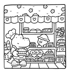 a black and white drawing of a store with a dog in it's window