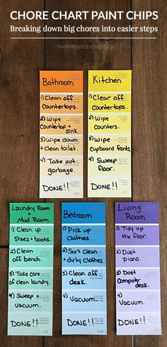 four different colored cards with the words chore chart paint chips written on them,