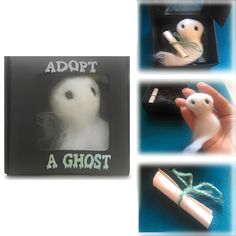 a hand holding a fake ghost in front of three photos with the caption adopt a ghost