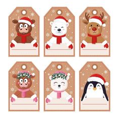 christmas gift tags with cute animals in hats and scarfs on them, set of four