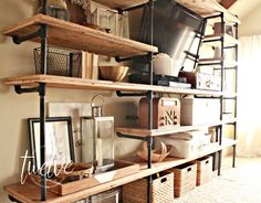 the shelves in this room are made out of wood and metal