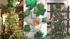 three different christmas trees decorated with shamrocks and hats on display in an office cubicle