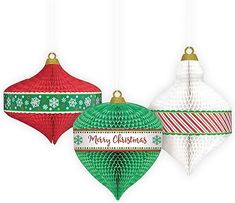 three christmas ornaments hanging from strings on a white background with the words merry christmas written in red and green