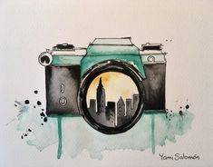 a watercolor painting of a camera with buildings in the background