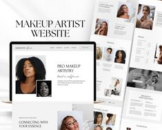 the website for makeup artist is displayed on a computer screen and in front of several other screens