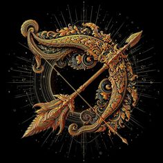 an artistically designed bow and arrow on a black background with gold swirls around it