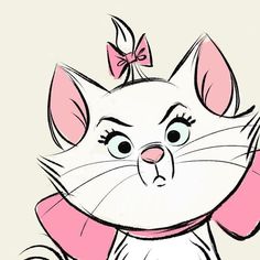 a drawing of a cat with a bow on it's head and pink ears