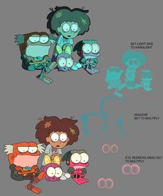 an image of some cartoon characters with different colors and sizes on their faces, in various poses