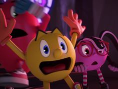 an animated character is dancing in front of another character with their hands up and eyes wide open