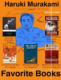 an orange book cover with various books on it