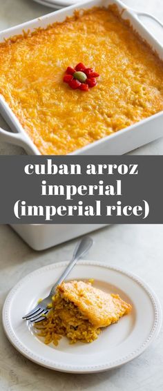 a casserole dish on a plate with a fork in it and the words cuban arroz imperial rice