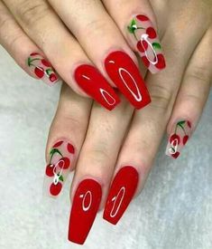 Unghie Sfumate, French Pedicure, Red Nail Art, Red Acrylic Nails, Cherry Nails, Cute Nail Art Designs, Cute Nail