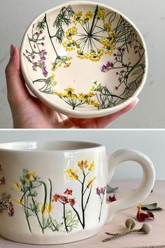 two pictures of flowers painted on the inside of a coffee cup, one in white and one in yellow