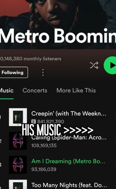 the music player for metro booming is playing on an iphone screen and it looks like he's listening to his favorite song