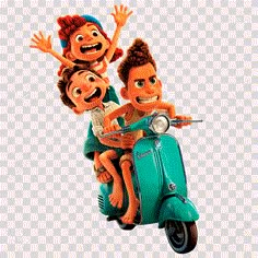 three people riding on the back of a scooter with their arms in the air