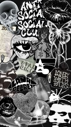 a collage of various stickers and graffiti on a black background with the words antisoca social club