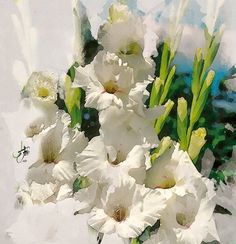 some white flowers are in a vase on a table with watercolors and pastel paint