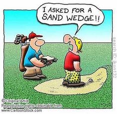 a cartoon depicting two men talking to each other about sand wedges on the beach