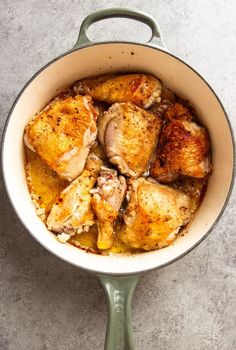 Chicken thighs braised in rich stock along with baby potatoes, shiitake mushrooms, fresh herbs, and black olives makes for a delicious dish of Braised Chicken and Potatoes worth raving about.