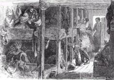 an old black and white drawing of people in a cabin