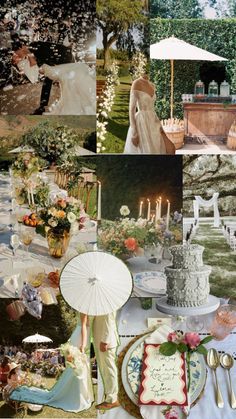 a collage of wedding photos with an umbrella