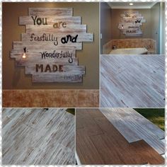 several pictures of wood planks with the words you are family and wonderfully made on them