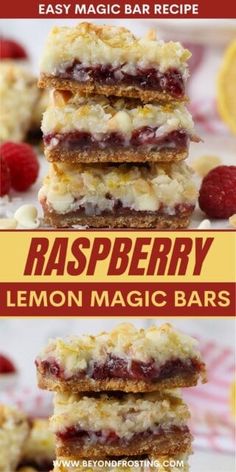 raspberry lemon magic bars are stacked on top of each other and ready to be eaten