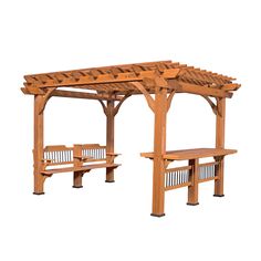 a wooden gazebo sitting next to a picnic table and bench on a white background