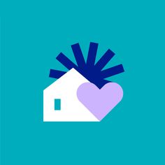 a house with a heart in the middle and sun coming out from behind it on a blue background