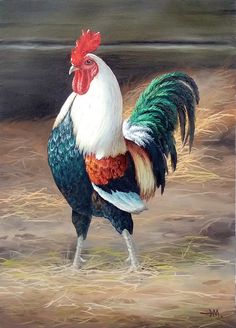 a painting of a rooster standing on dry grass