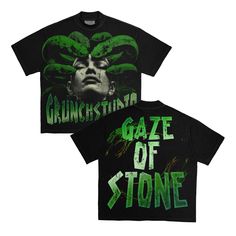 a black t - shirt with the words gaze of stone printed in green on it