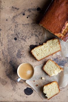 slices of pound cake next to a cup of coffee