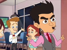 an animated family standing in front of a table with two children pointing at the camera