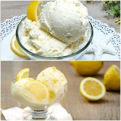 two pictures with lemons and ice cream in them