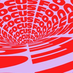 an abstract red and white poster with the word focus on it's center circle