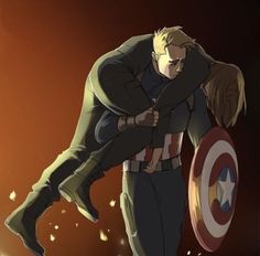 a man is being hugged by a woman in captain america