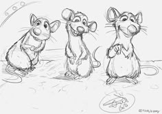 three cartoon mouses standing next to each other