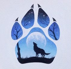 a painting of a wolf's paw with trees and stars in the sky behind it