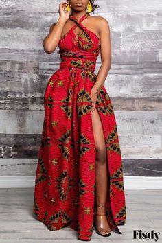 Fisdy - Exquisito vestido rojo con estampado vintage y cuello asimétrico en forma de A de elegante atractivo Multi Wear Dress, Vestido Convertible, Long African Dresses, Magic Dress, Afrikaanse Mode, Infinity Dress, African Print Dress, Maxi Robes, Vestidos Vintage