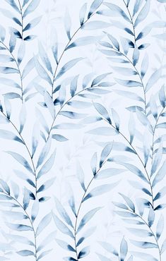 a blue and white wallpaper with some leaves on it's back dropping