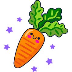 an orange carrot with green leaves on it's head and eyes, surrounded by stars