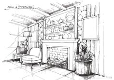 a drawing of a living room with a fireplace