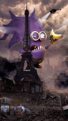 a cartoon character holding a banana in front of the eiffel tower with birds flying over it