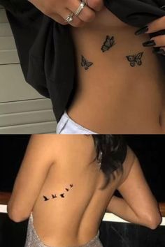 two pictures of a woman with butterflies on her back, and the same photo of a woman's stomach