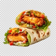 two chicken burritos with lettuce, tomato and cheese on the wrapper