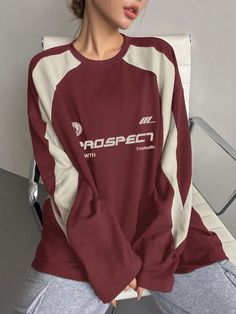 Women Spring/Summer Loose Casual Long Sleeve T-Shirt With Letter Print Long Sleeve WTH PROSPECT Fantastic Burgundy Casual  Long Sleeve Knitted Fabric Colorblock,Letter,Slogan  Slight Stretch  Women Clothing, size features are:Bust: ,Length: ,Sleeve Length: Long Sleeve T-shirt, Long Sleeve Shirts Aesthetic, Long Sleeve Shirts Outfits, Long Sleeve Under T Shirt, T Shirt Outfits Women, Baggy Long Sleeve Shirt, Cute Long Sleeve Shirts, Full Sleeve Shirts, Long Sleeve Under Shirt